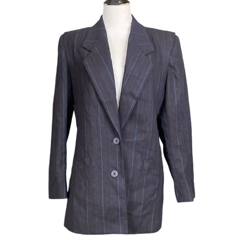 Vintage Kasper By ASL Pinstripe Flannel Wool Blazer Jacket Extreme Shoulders